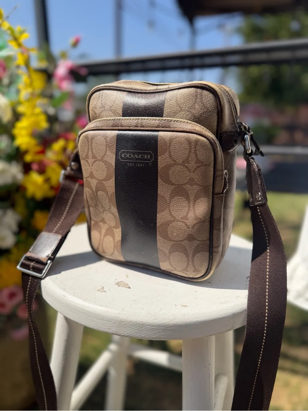 Coach Brown Signature Canvas Messenger Crossbody with Dark Stripe